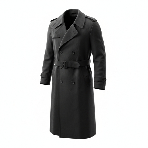 Elegant Black Double Breasted Zipper Lining Belted Trench Coat for Men Sz 42R